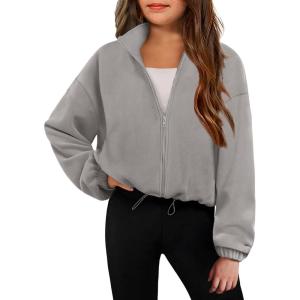 Arshiner Girls Zip Up Fleece Jacket Fall Winter Sherpa Sweatshirts Warm Outwear Crop Coat with Pockets(Grey)