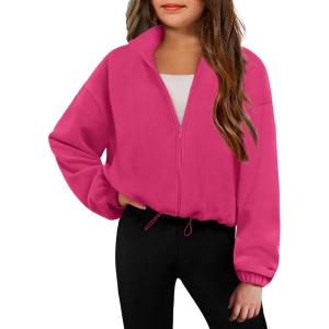Arshiner Girls Zip Up Fleece Jacket Fall Winter Sherpa Sweatshirts Warm Outwear Crop Coat with Pockets(Hot Pink)