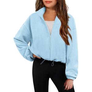 Arshiner Girls Zip Up Fleece Jacket Fall Winter Sherpa Sweatshirts Warm Outwear Crop Coat with Pockets(Light Blue)