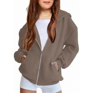 Arshiner Girls Zip Up Hoodies Teen Fleece Full-Zip Sweatshirts Jacket Casual Fall Hoodie with Pocket(Coffee Grey)