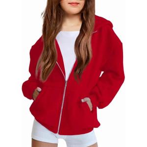 Arshiner Girls Zip Up Hoodies Teen Fleece Full-Zip Sweatshirts Jacket Casual Fall Hoodie with Pocket(Red)