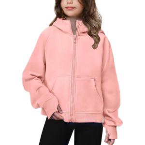 Arshiner Girls Zip Up Hoodies Teen Hooded Sweatshirts Fleece Jackets Kids Fall Fashion Outfits Winter Clothes(Orange Pink)