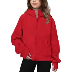 Arshiner Girls Zip Up Hoodies Teen Hooded Sweatshirts Fleece Jackets Kids Fall Fashion Outfits Winter Clothes(Red)