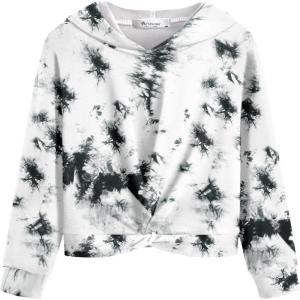 Arshiner Hoodies for Teen Girls Twist Front Tie Dye Hooded Sweatshirt Casual Long Sleeve Tops Clothes for 5-13 Years(Black White)
