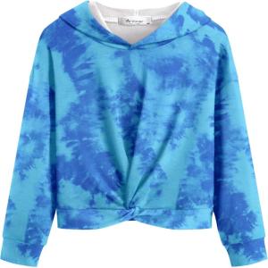 Arshiner Hoodies for Teen Girls Twist Front Tie Dye Hooded Sweatshirt Casual Long Sleeve Tops Clothes for 5-13 Years(Blue Green)