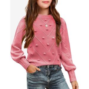 Arshiner Kid Girls Crew Neck Lantern Sleeve Sweater Cute Jumper Top Pullover Outwear 5-13 Years(Coral Pink)