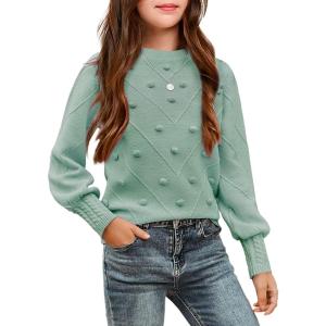 Arshiner Kid Girls Crew Neck Lantern Sleeve Sweater Cute Jumper Top Pullover Outwear 5-13 Years(Light Green)