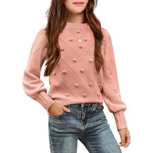 Arshiner Kid Girls Crew Neck Lantern Sleeve Sweater Cute Jumper Top Pullover Outwear 5-13 Years(Lotus Color)
