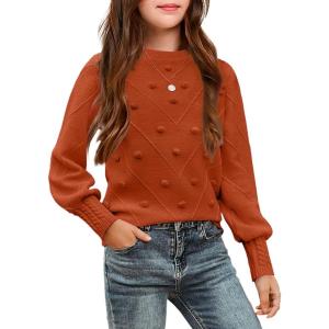Arshiner Kid Girls Crew Neck Lantern Sleeve Sweater Cute Jumper Top Pullover Outwear 5-13 Years(Orange)