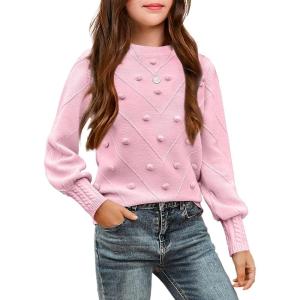 Arshiner Kid Girls Crew Neck Lantern Sleeve Sweater Cute Jumper Top Pullover Outwear 5-13 Years(Pink)