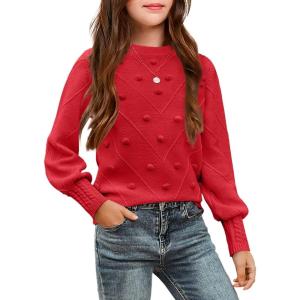 Arshiner Kid Girls Crew Neck Lantern Sleeve Sweater Cute Jumper Top Pullover Outwear 5-13 Years(Red)