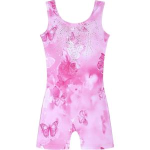 Arshiner Leotards for Girls Gymnastics with Shorts Color Gradient Shiny Diamond Kids Biketard(Pink Butterfly)