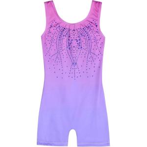 Arshiner Leotards for Girls Gymnastics with Shorts Color Gradient Shiny Diamond Kids Biketard(Pink Purple)