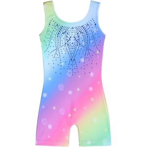 Arshiner Leotards for Girls Gymnastics with Shorts Color Gradient Shiny Diamond Kids Biketard(Rainbow)