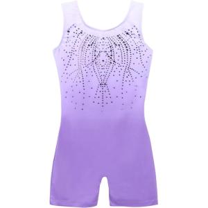 Arshiner Leotards for Girls Gymnastics with Shorts Color Gradient Shiny Diamond Kids Biketard(Shiny Lilac)
