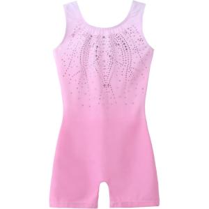 Arshiner Leotards for Girls Gymnastics with Shorts Color Gradient Shiny Diamond Kids Biketard(Shiny Pink)