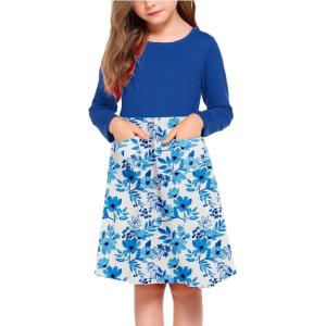 Arshiner Little Girls Dress Long Sleeve Solid Color Casual Skater Pocket Dress(Blue Floral)