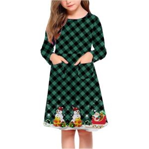 Arshiner Little Girls Dress Long Sleeve Solid Color Casual Skater Pocket Dress(Christmas Green Plaid)