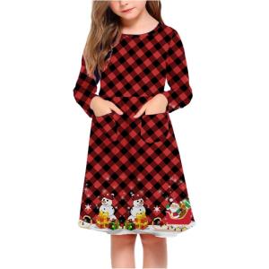 Arshiner Little Girls Dress Long Sleeve Solid Color Casual Skater Pocket Dress(Christmas Snowman)