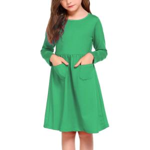 Arshiner Little Girls Dress Long Sleeve Solid Color Casual Skater Pocket Dress(Green)