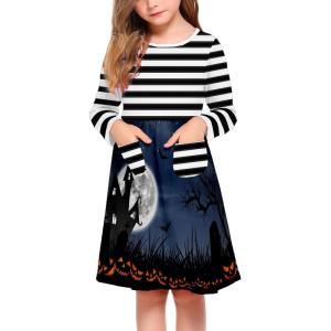 Arshiner Little Girls Dress Long Sleeve Solid Color Casual Skater Pocket Dress(Halloween 1)