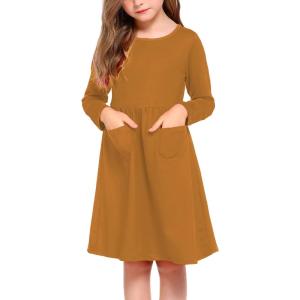 Arshiner Little Girls Dress Long Sleeve Solid Color Casual Skater Pocket Dress(Light Brown)