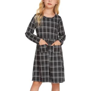 Arshiner Little Girls Dress Long Sleeve Solid Color Casual Skater Pocket Dress(Pat2)