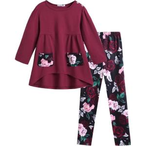 Arshiner Little Girls Outfits Cute Clothing Sets Long Sleeve 2pcs Pants Sets with Pockets(Wine Red/Black Floral)