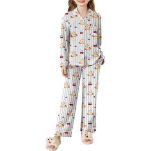 Arshiner Pajamas Set for Girls Plaid Long Sleeve Lounge Set Button Down Pj Sets(Blue Striped Teddy)