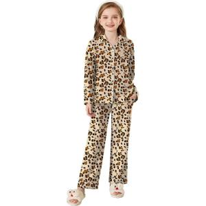 Arshiner Pajamas Set for Girls Plaid Long Sleeve Lounge Set Button Down Pj Sets(Brown Leopard)