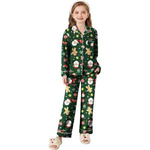 Arshiner Pajamas Set for Girls Plaid Long Sleeve Lounge Set Button Down Pj Sets(Green Santa Claus)