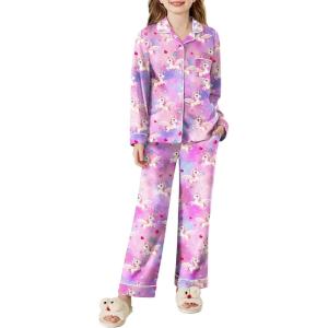 Arshiner Pajamas Set for Girls Plaid Long Sleeve Lounge Set Button Down Pj Sets(Horses Tie Dye)