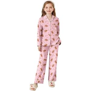 Arshiner Pajamas Set for Girls Plaid Long Sleeve Lounge Set Button Down Pj Sets(Pink Gingerbread)