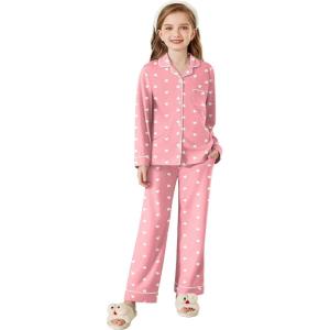 Arshiner Pajamas Set for Girls Plaid Long Sleeve Lounge Set Button Down Pj Sets(Pink Heart)