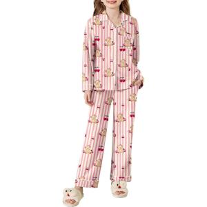 Arshiner Pajamas Set for Girls Plaid Long Sleeve Lounge Set Button Down Pj Sets(Pink Striped Teddy)