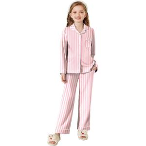 Arshiner Pajamas Set for Girls Plaid Long Sleeve Lounge Set Button Down Pj Sets(Pink Stripes)