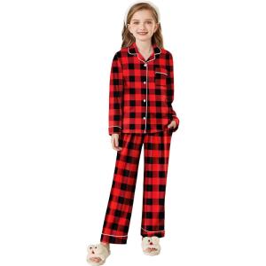 Arshiner Pajamas Set for Girls Plaid Long Sleeve Lounge Set Button Down Pj Sets(Red Black Plaid)