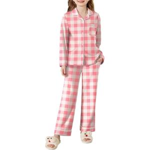 Arshiner Pajamas Set for Girls Plaid Long Sleeve Lounge Set Button Down Pj Sets(White Pink Plaid)