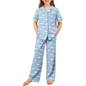 Arshiner Pajamas for Girls Short Sleeve Long Pants Outfit 2 Piece Sleepwear Button Pjs Sets(Blue Clouds)