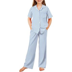 Arshiner Pajamas for Girls Short Sleeve Long Pants Outfit 2 Piece Sleepwear Button Pjs Sets(Blue Stripes)