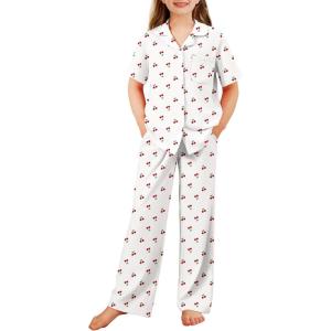 Arshiner Pajamas for Girls Short Sleeve Long Pants Outfit 2 Piece Sleepwear Button Pjs Sets(Cherry)