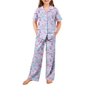 Arshiner Pajamas for Girls Short Sleeve Long Pants Outfit 2 Piece Sleepwear Button Pjs Sets(Cloud Elf-pink Purple Blue)