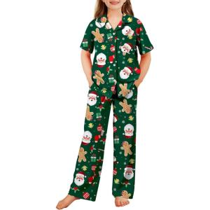 Arshiner Pajamas for Girls Short Sleeve Long Pants Outfit 2 Piece Sleepwear Button Pjs Sets(Green Christmas)