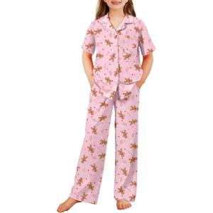 Arshiner Pajamas for Girls Short Sleeve Long Pants Outfit 2 Piece Sleepwear Button Pjs Sets(Pink Christmas)