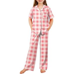 Arshiner Pajamas for Girls Short Sleeve Long Pants Outfit 2 Piece Sleepwear Button Pjs Sets(Pink Plaid)