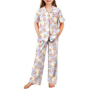 Arshiner Pajamas for Girls Short Sleeve Long Pants Outfit 2 Piece Sleepwear Button Pjs Sets(Pink Teddy)