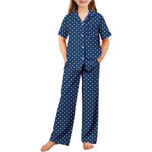 Arshiner Pajamas for Girls Short Sleeve Long Pants Outfit 2 Piece Sleepwear Button Pjs Sets(Polka Dots-dark Blue)