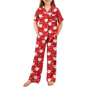 Arshiner Pajamas for Girls Short Sleeve Long Pants Outfit 2 Piece Sleepwear Button Pjs Sets(Red Christmas)
