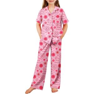 Arshiner Pajamas for Girls Short Sleeve Long Pants Outfit 2 Piece Sleepwear Button Pjs Sets(Smile Face Flower-pink Rose Red)