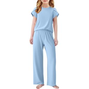 Arshiner Pajamas for Girls Short Sleeve Long Pants Pjs Cute Soft Sleepwear Lounge Sets(Blue)
